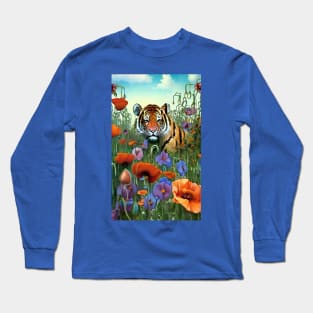 Cool tiger in a field of wildflowers and poppies - Exotic Tiger Long Sleeve T-Shirt